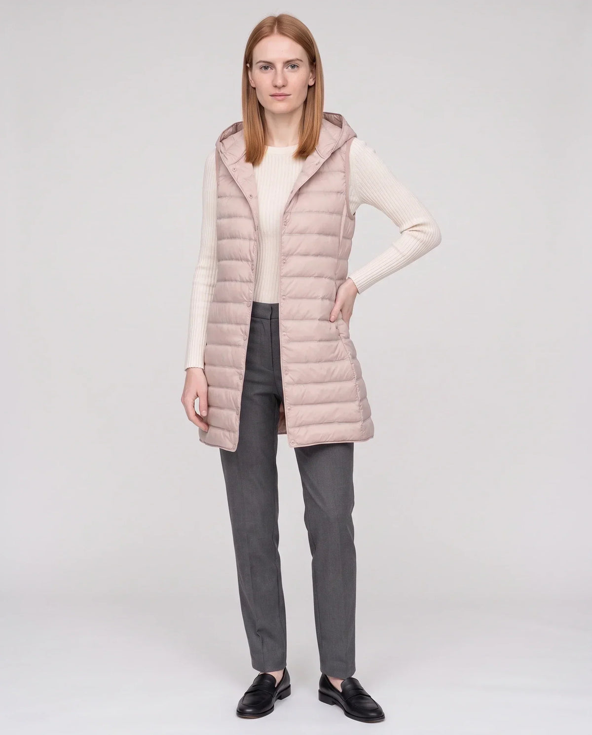 Long Sleeveless Quilted Hooded Gilet