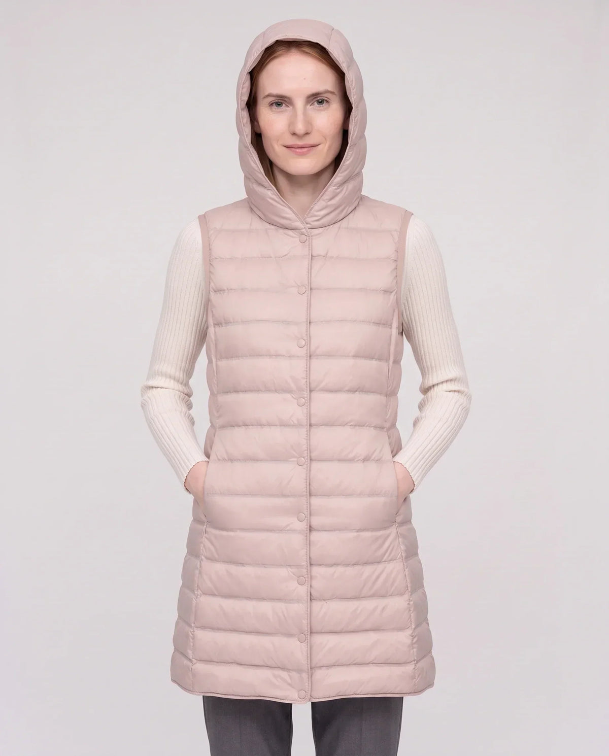 Long Sleeveless Quilted Hooded Gilet