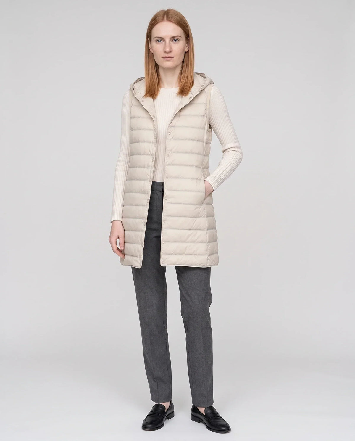 Long Sleeveless Quilted Hooded Gilet