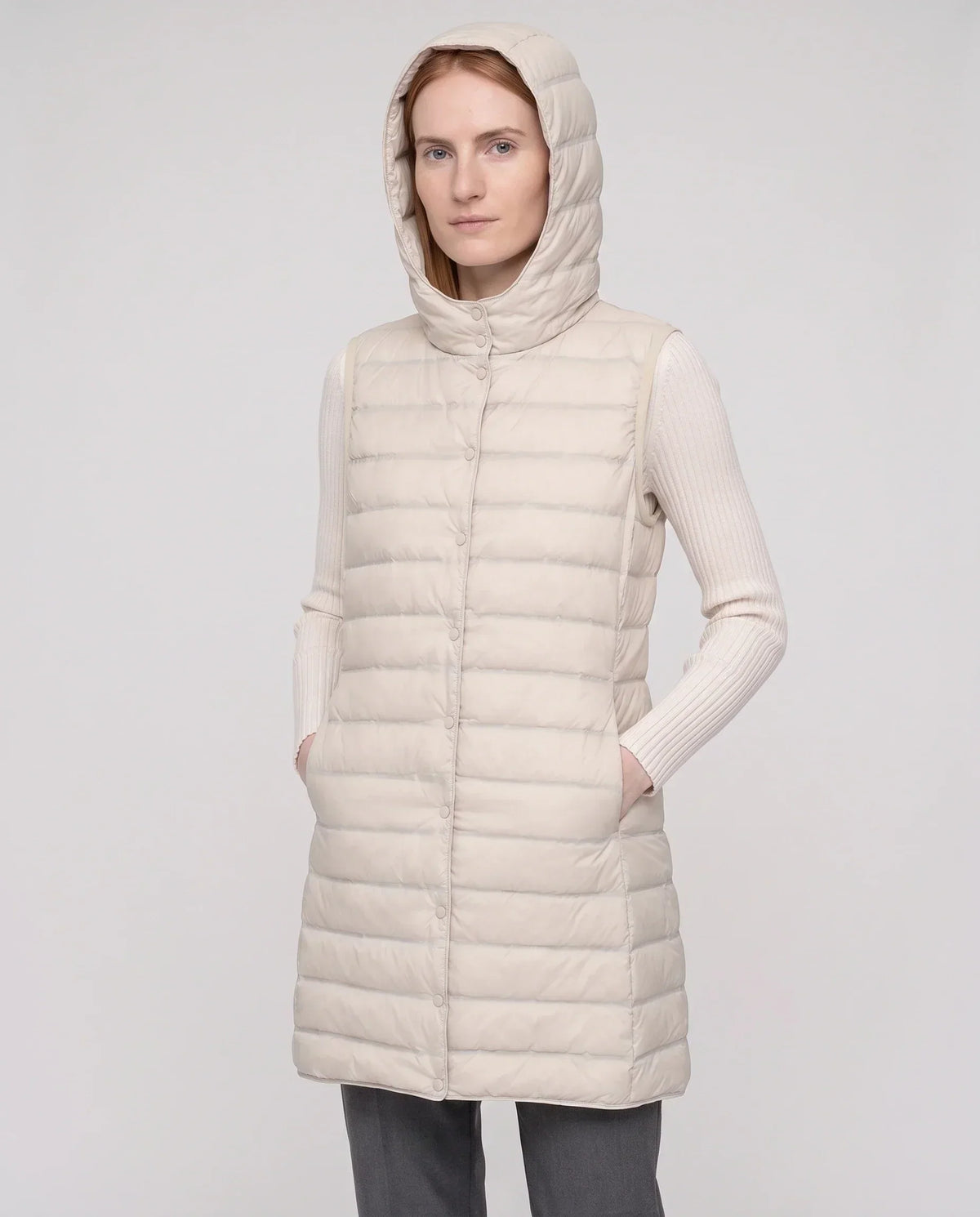 Long Sleeveless Quilted Hooded Gilet