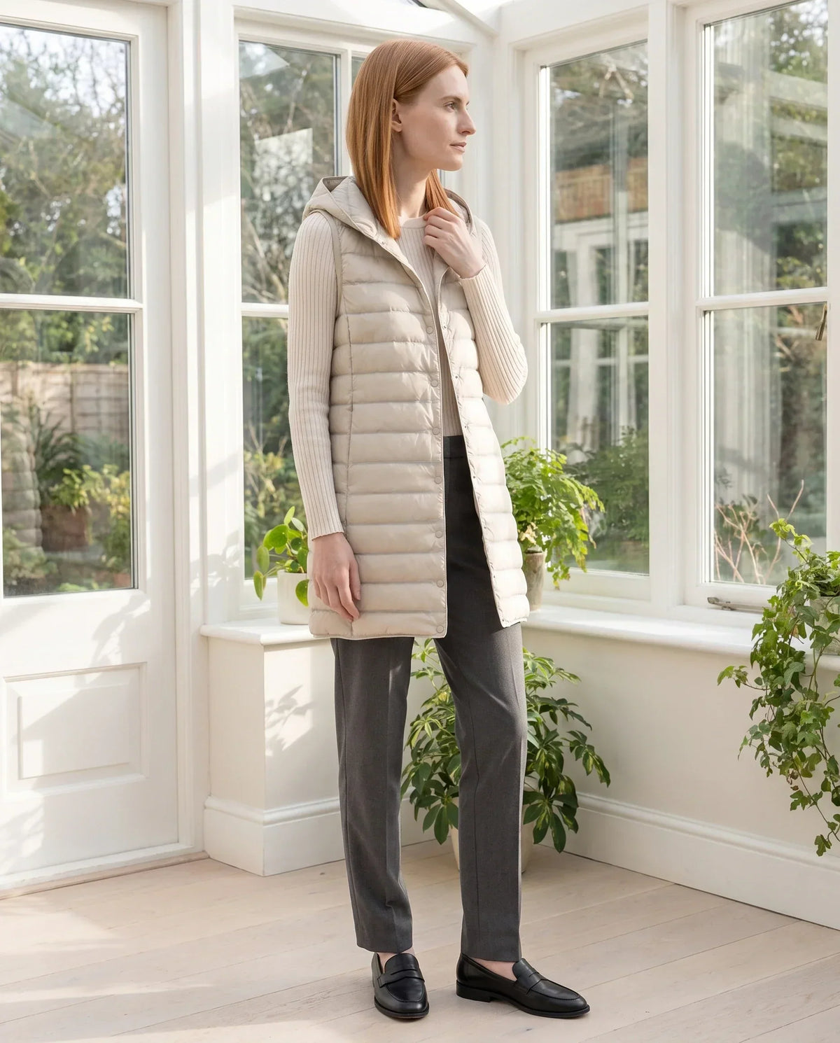 Long Sleeveless Quilted Hooded Gilet