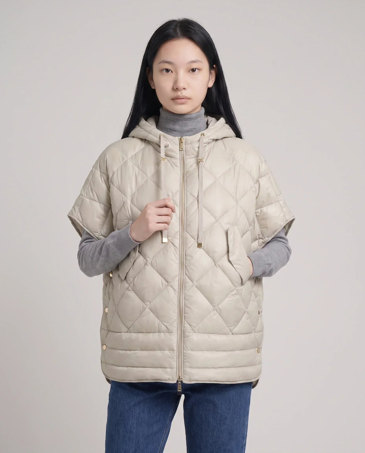 Quilted Cape Gilet with Hood and Gold Poppers
