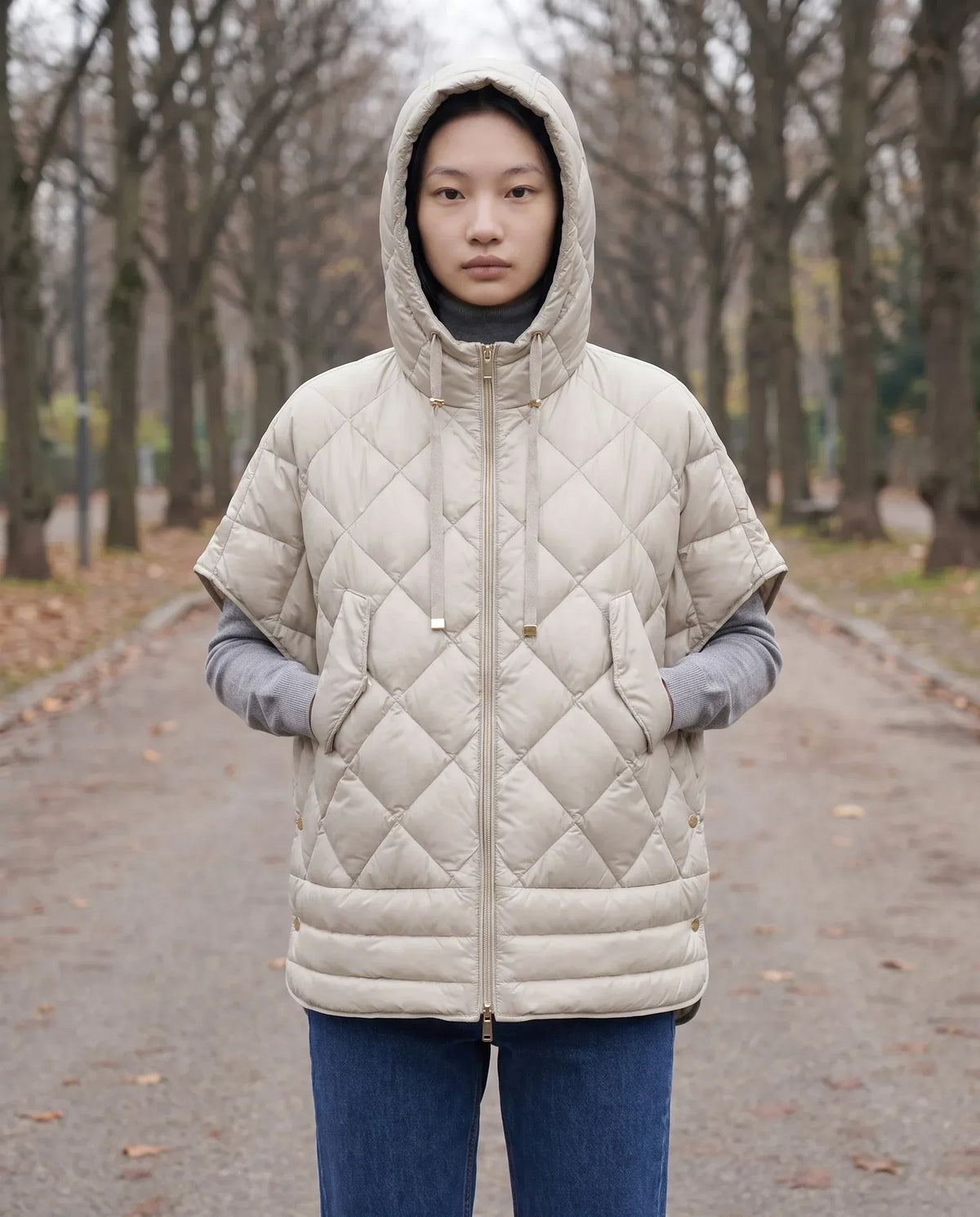 Quilted Cape Gilet with Hood and Gold Poppers