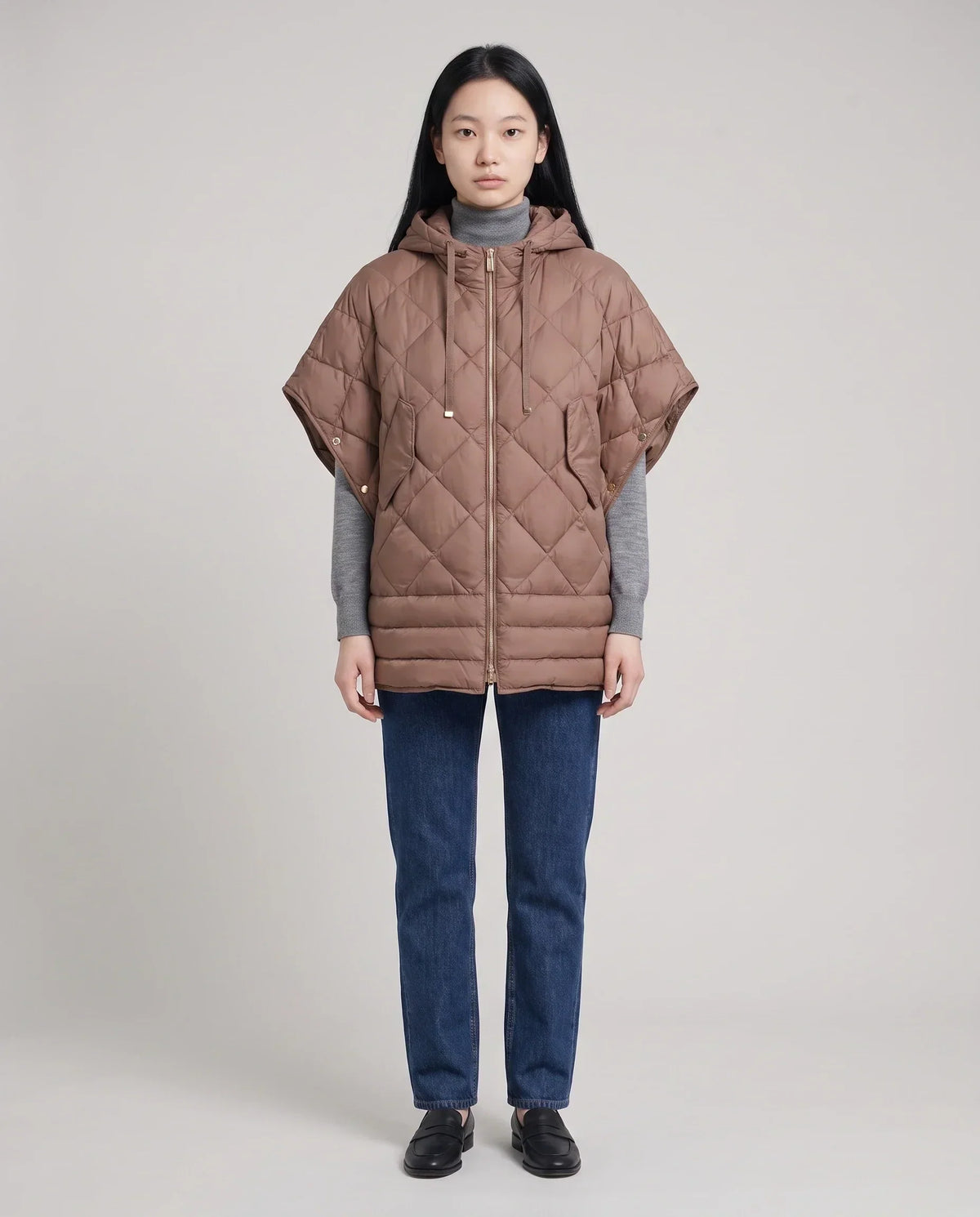 Quilted Cape Gilet with Hood and Gold Poppers