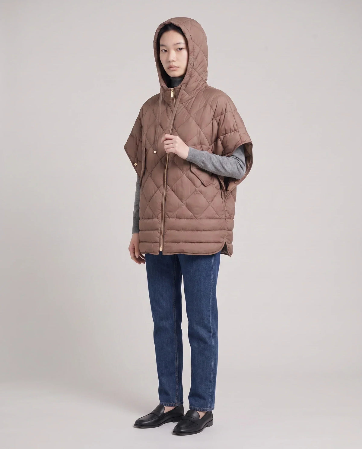 Quilted Cape Gilet with Hood and Gold Poppers