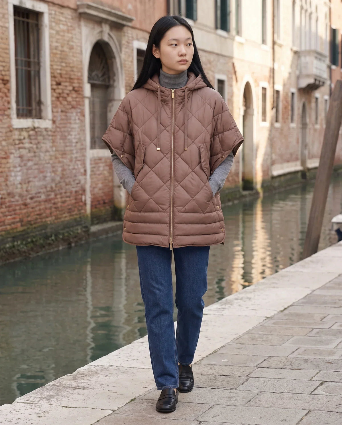Quilted Cape Gilet with Hood and Gold Poppers