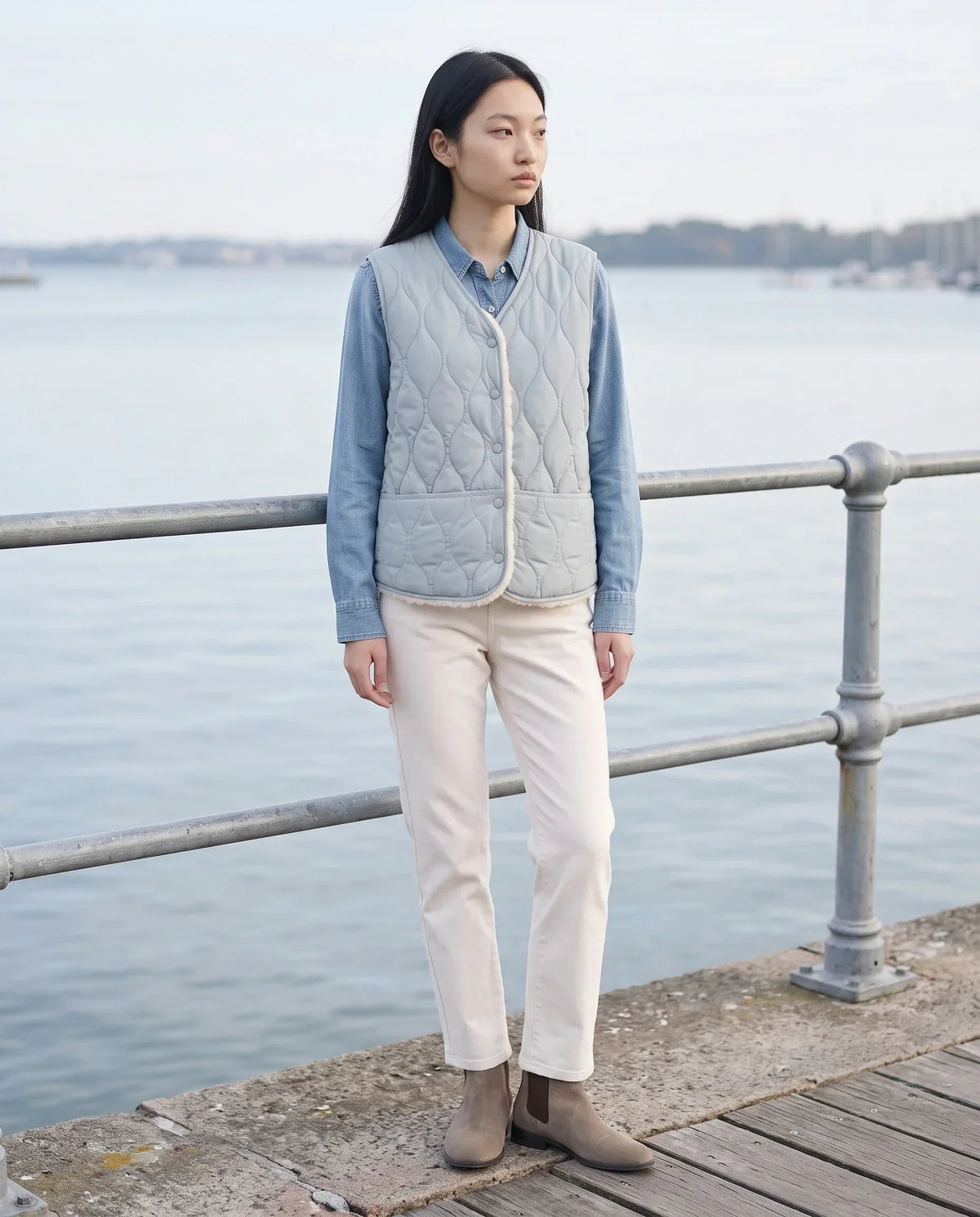 Sherpa-Lined Quilted Gilet with V-Neck
