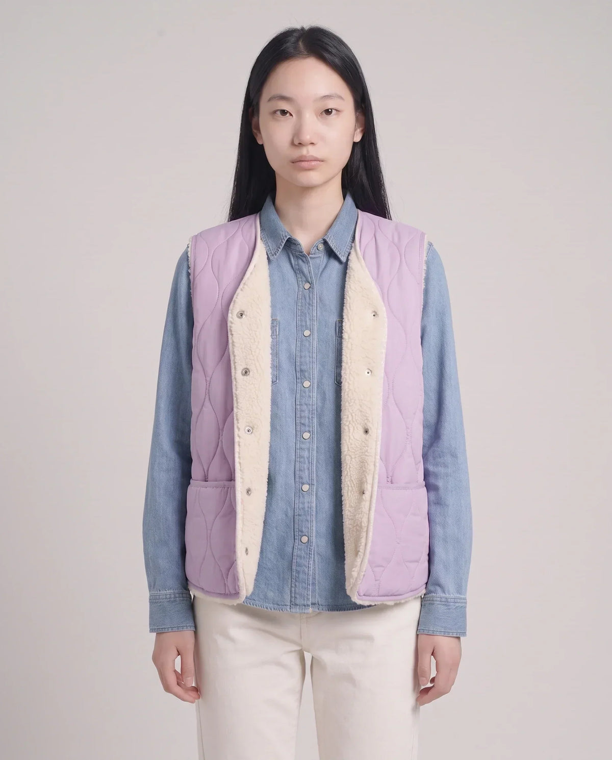 Sherpa-Lined Quilted Gilet with V-Neck