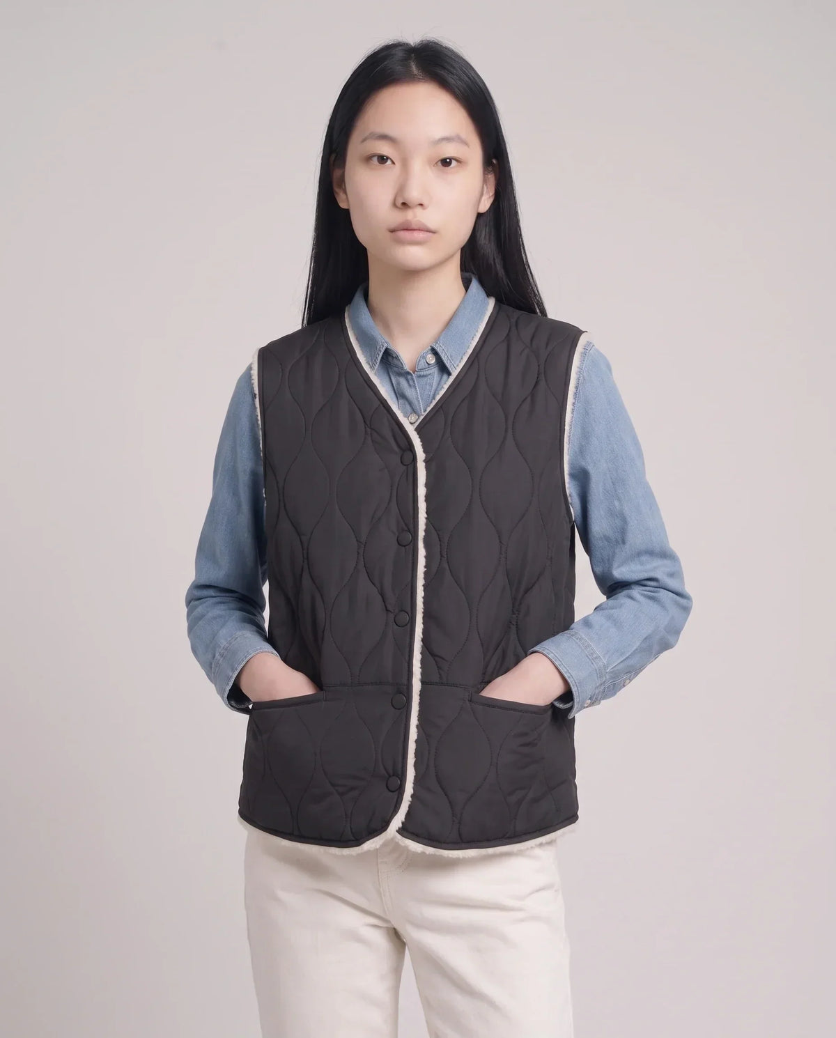 Sherpa-Lined Quilted Gilet with V-Neck