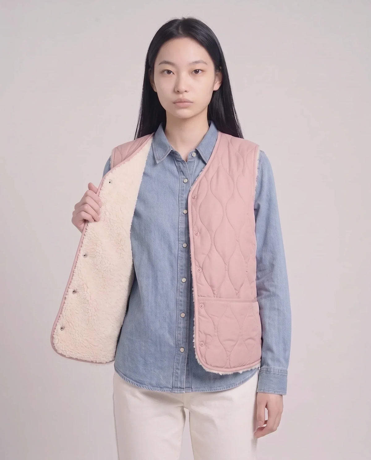 Sherpa-Lined Quilted Gilet with V-Neck