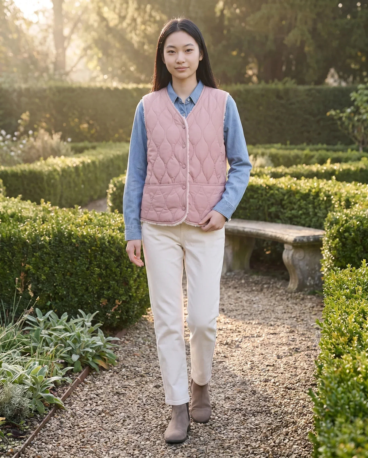 Sherpa-Lined Quilted Gilet with V-Neck