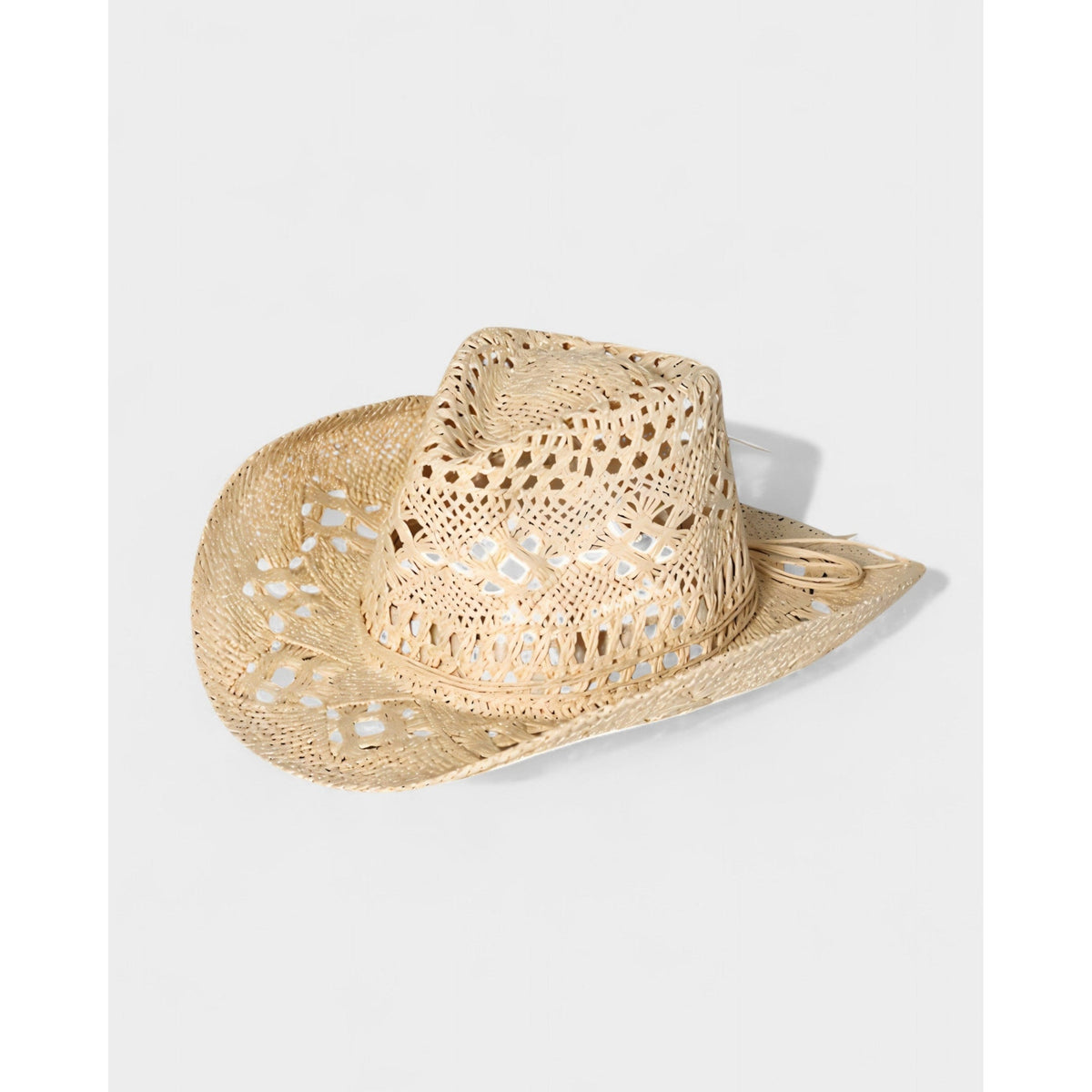 Women's Woven Straw Cowboy Hat with Open Cutout Pattern and Wide Brim