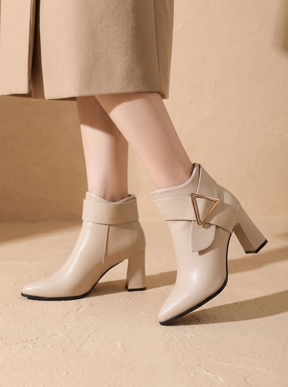 Giselle - Women's Block-Heel Ankle Boots with Triangular Buckle