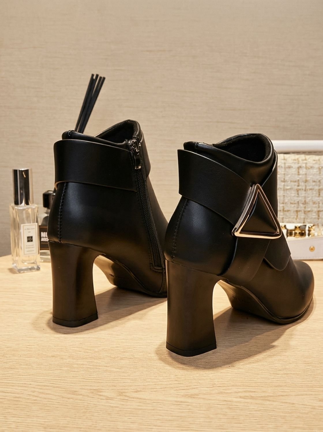Giselle - Women's Block-Heel Ankle Boots with Triangular Buckle