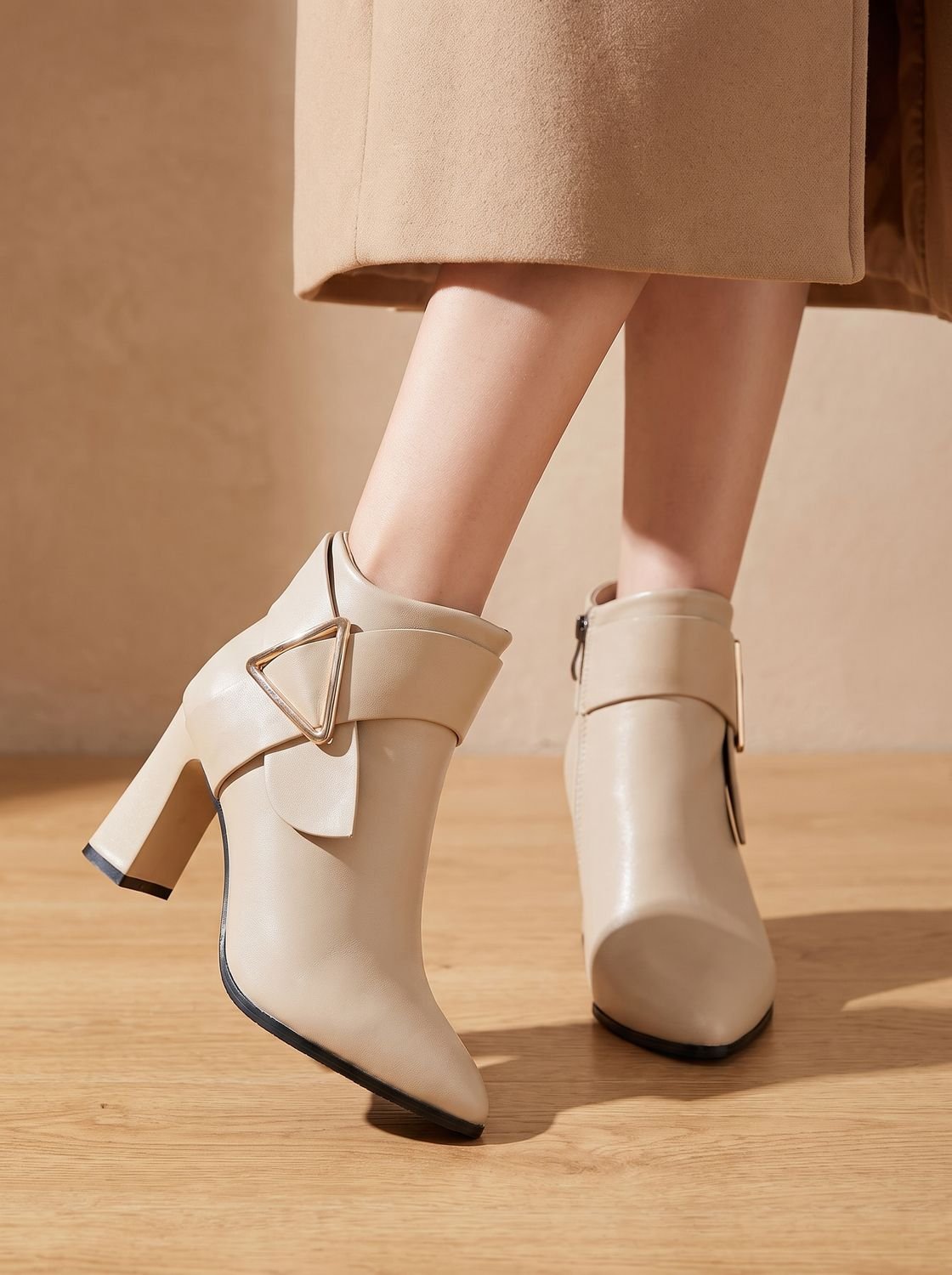 Giselle - Women's Block-Heel Ankle Boots with Triangular Buckle