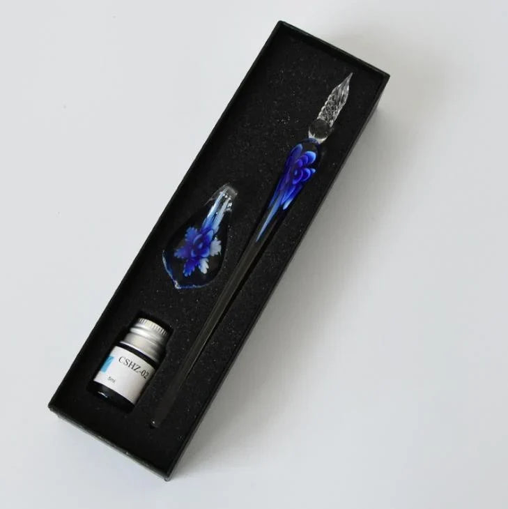 Glass Calligraphy Pen | Handmade Borosilicate & Threaded Tip | Includes Ink & Holder