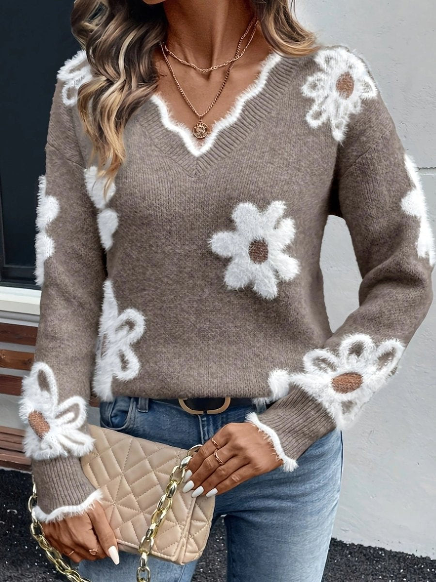 Evelyn | Women's Daisy Floral Knit Sweater V Neck