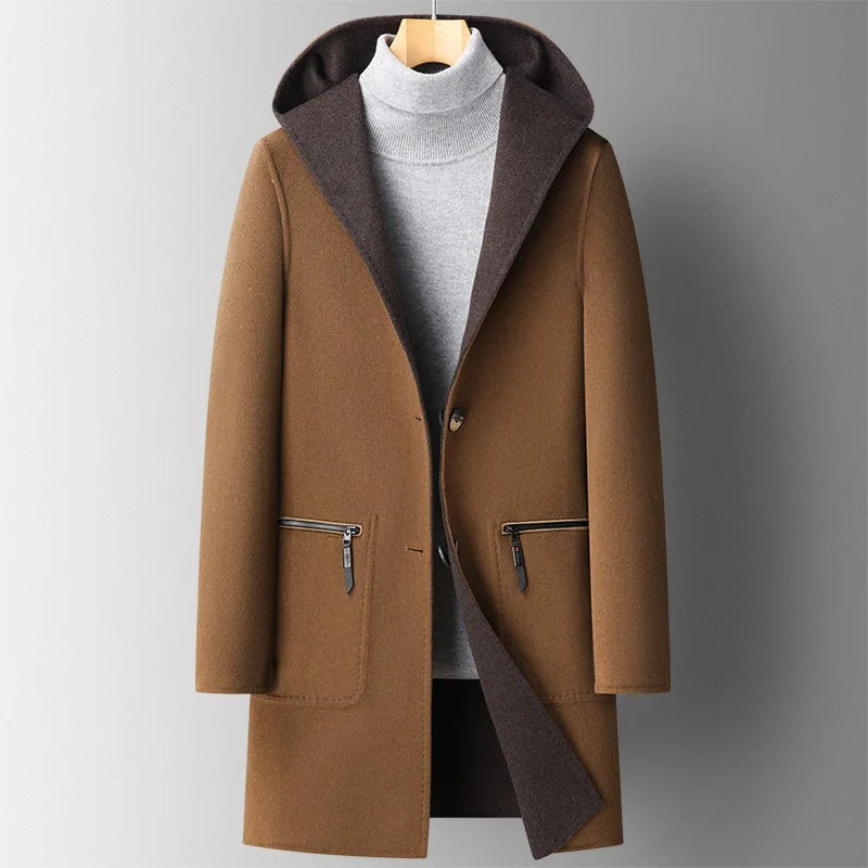 William | Men's Long Hooded Wool Blend Winter Coat Double Faced