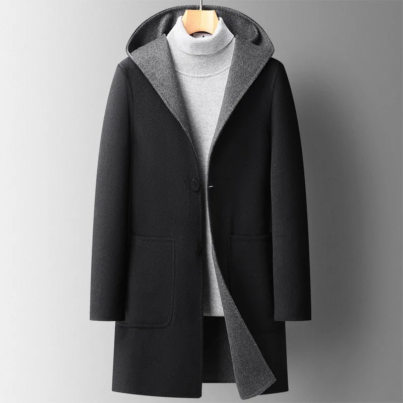 William | Men's Long Hooded Wool Blend Winter Coat Double Faced