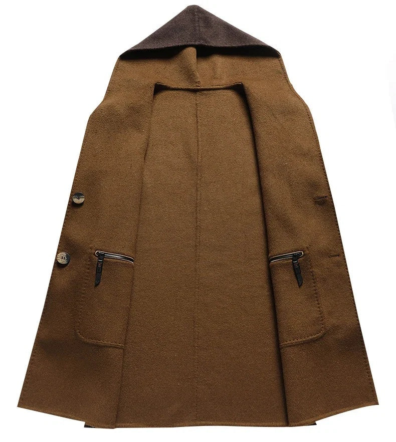 William | Men's Long Hooded Wool Blend Winter Coat Double Faced
