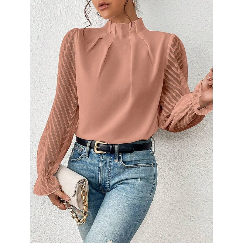 Women's High-Neck Blouse with Textured Sleeves