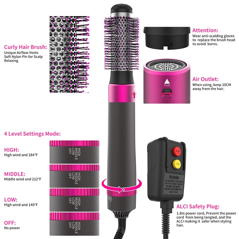 Hair Dryer and Diffuser Blow Brush with 5 Interchangeable Attachments and Comb for Styling