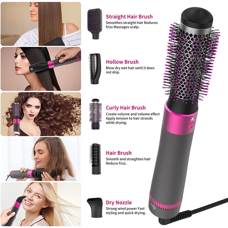 Hair Dryer and Diffuser Blow Brush with 5 Interchangeable Attachments and Comb for Styling