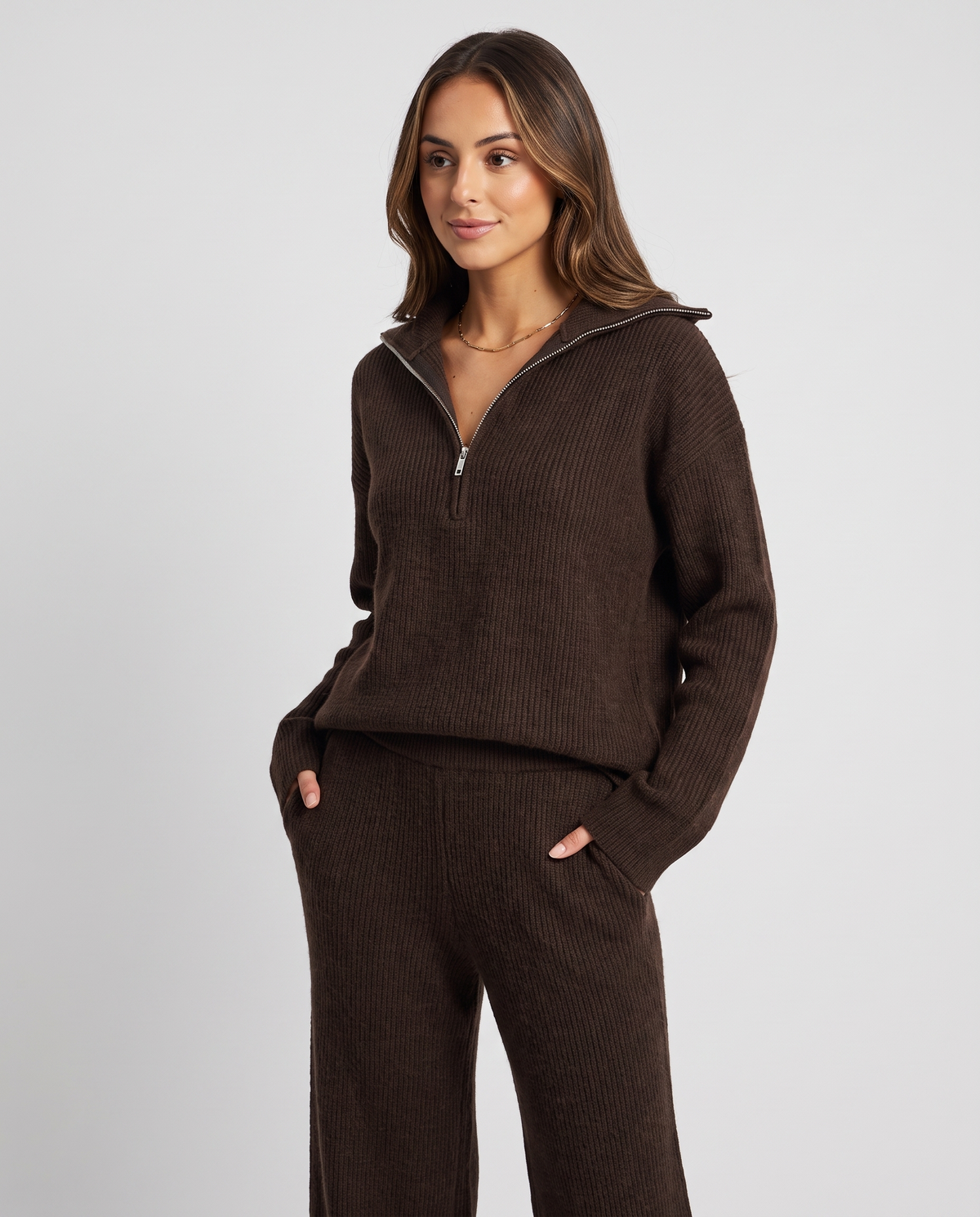 Half-Zip Loungewear Set – Ribbed Knit Pullover & Wide-Leg Pants | Odile
