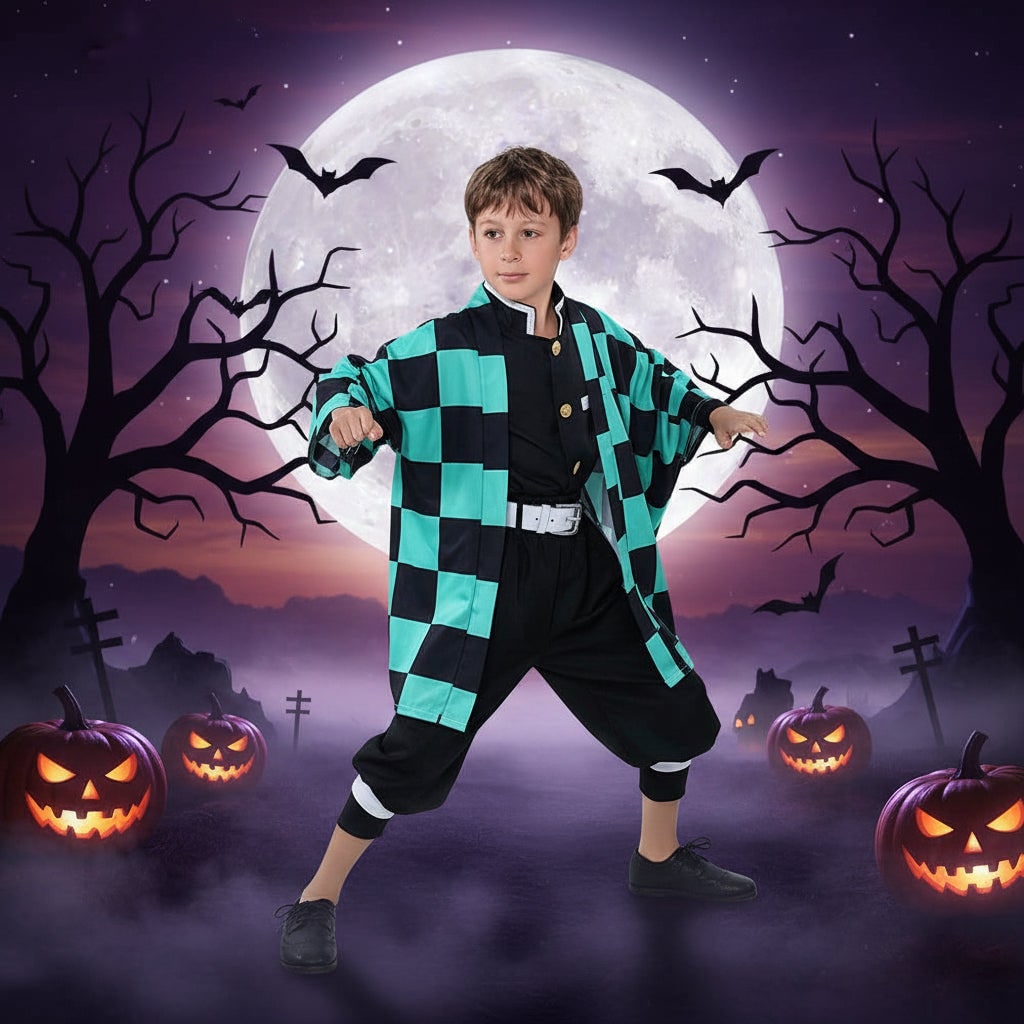 Halloween Anime Cosplay Costume with Checkered Haori Jacket and Fox
