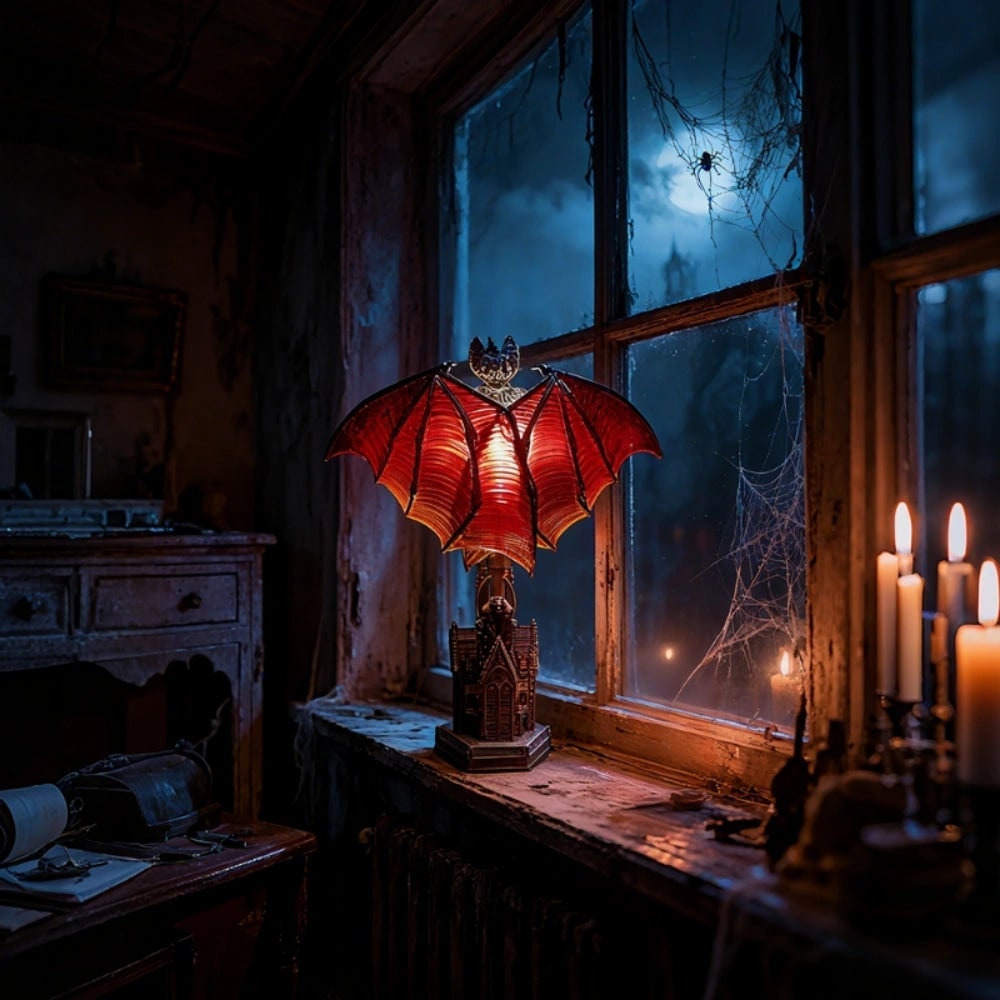 Halloween Bat Table Lamp with Mid Century Modern Design and Battery Powered Cathedral Base