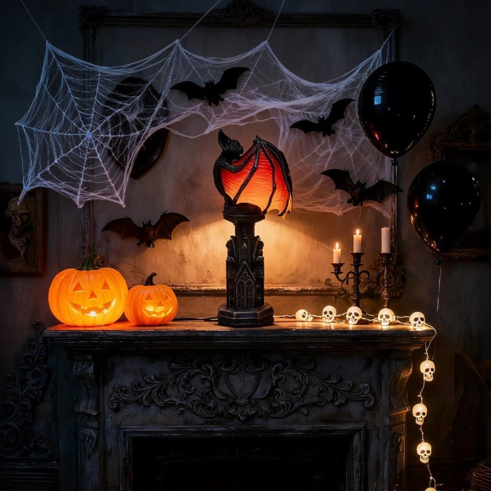 Halloween Bat Table Lamp with Mid Century Modern Design and Battery Powered Cathedral Base