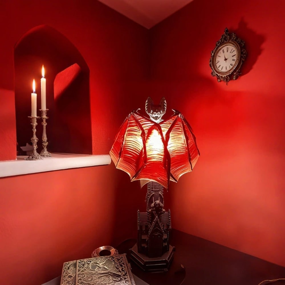 Halloween Bat Table Lamp with Mid Century Modern Design and Battery Powered Cathedral Base