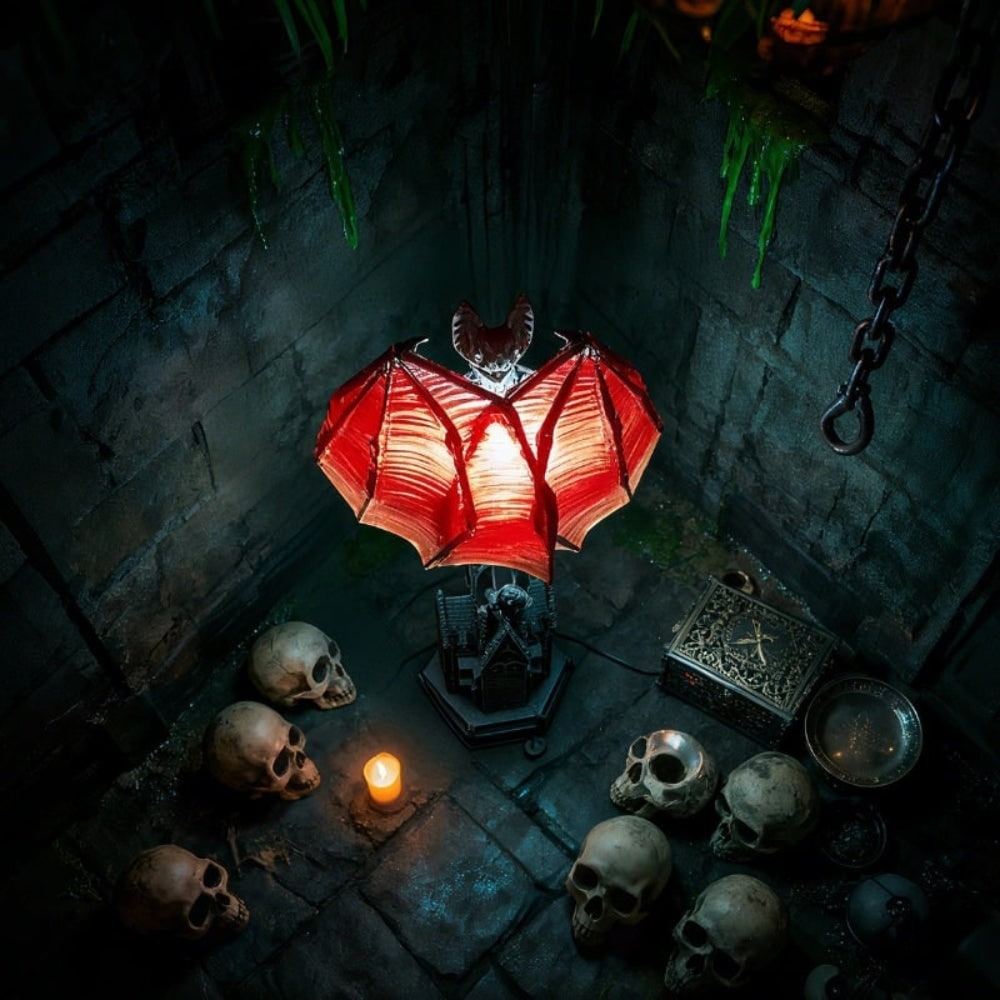 Halloween Bat Table Lamp with Mid Century Modern Design and Battery Powered Cathedral Base