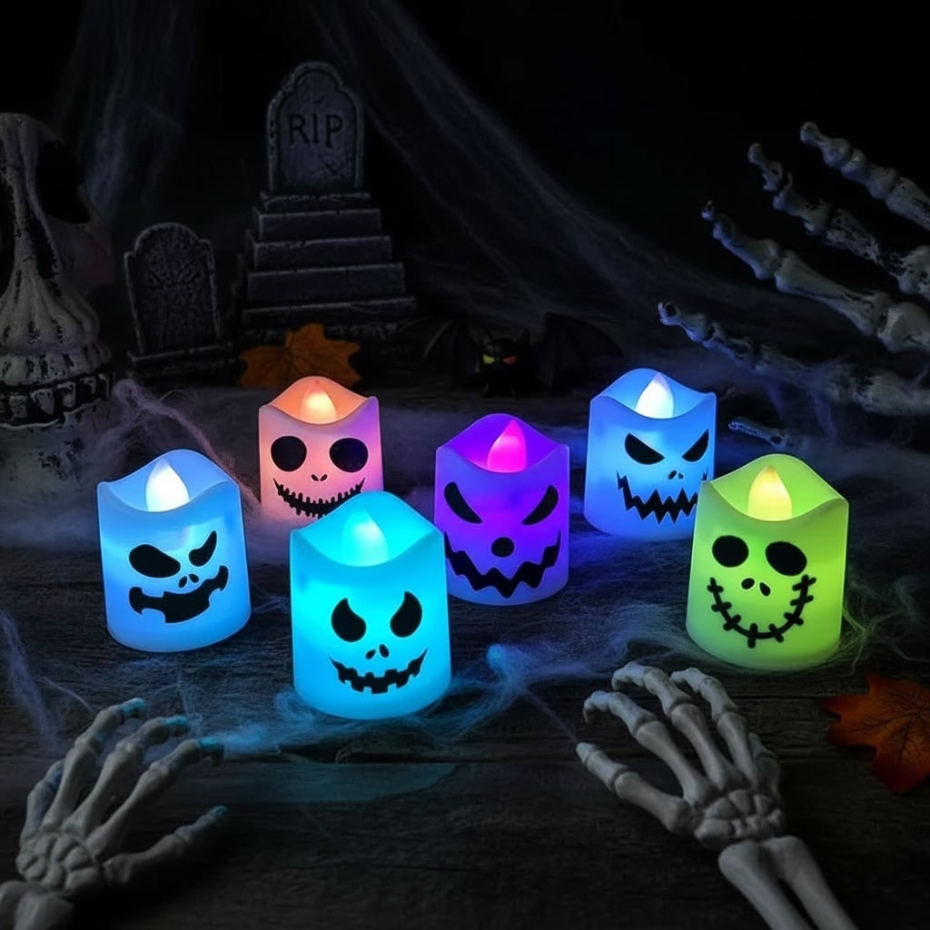 Halloween Battery Operated LED Tea Light Candles with Spooky Faces Remote Control