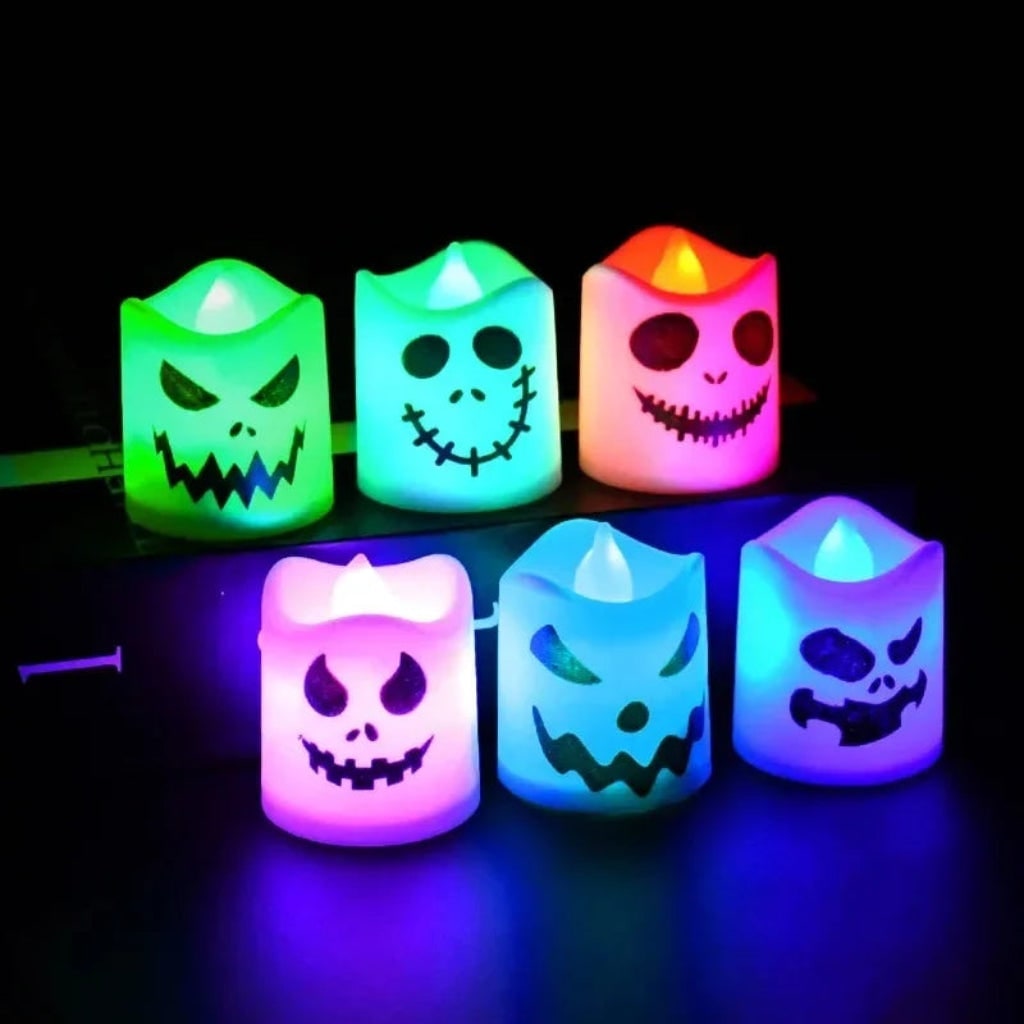 Halloween Battery Operated LED Tea Light Candles with Spooky Faces Remote Control