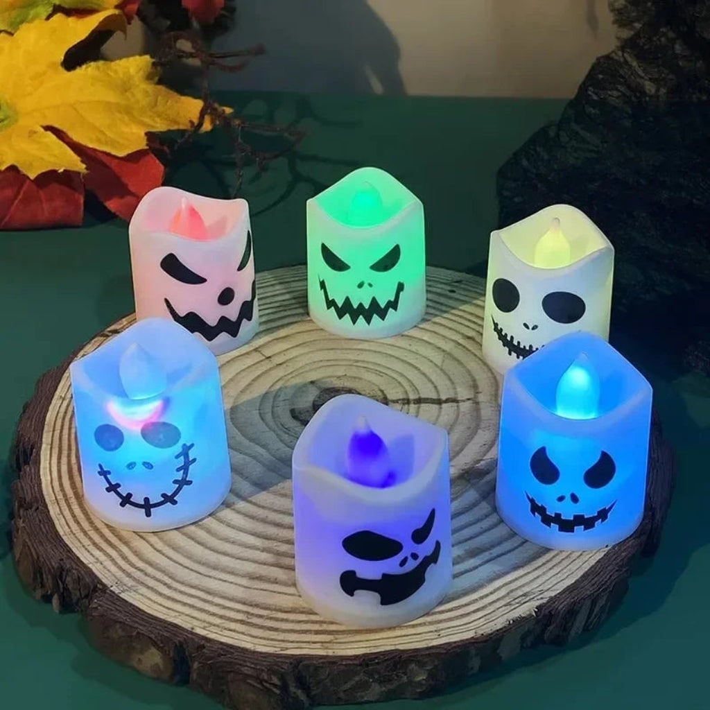 Halloween Battery Operated LED Tea Light Candles with Spooky Faces Remote Control