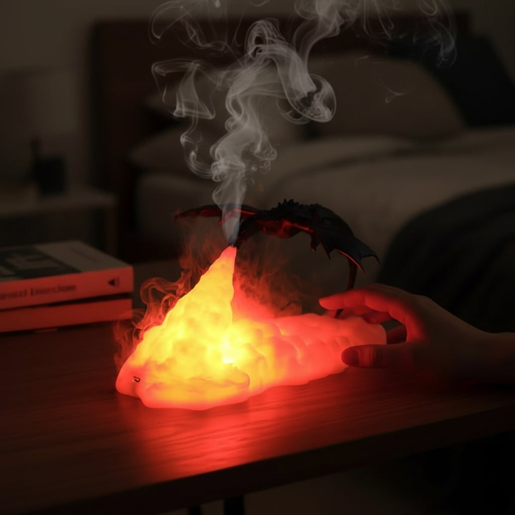 Halloween Dragon Night Light Small Bedside Table Lamp with Rechargeable LED and Red Flame Glow
