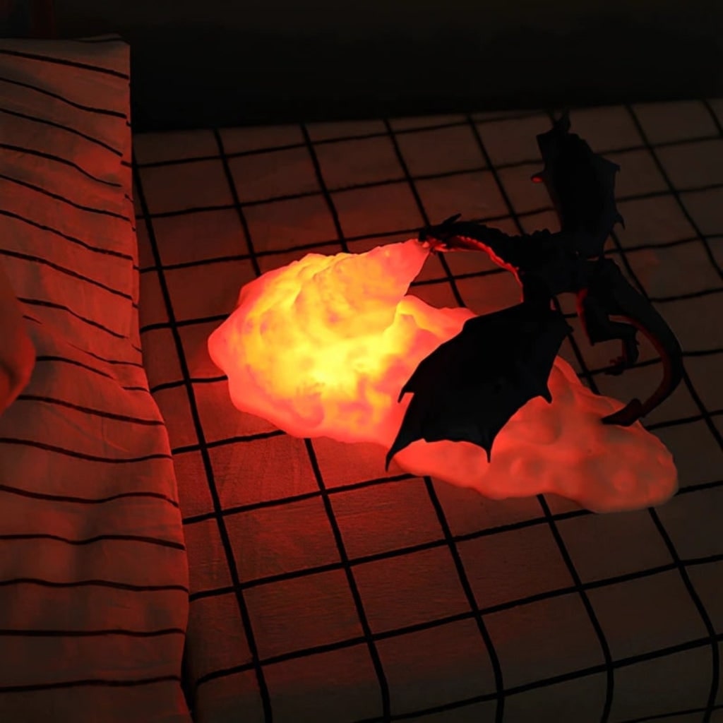 Halloween Dragon Night Light Small Bedside Table Lamp with Rechargeable LED and Red Flame Glow