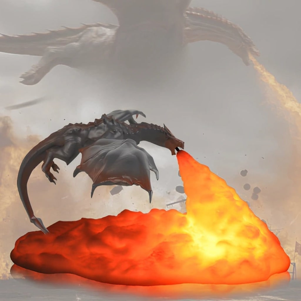 Halloween Dragon Night Light Small Bedside Table Lamp with Rechargeable LED and Red Flame Glow