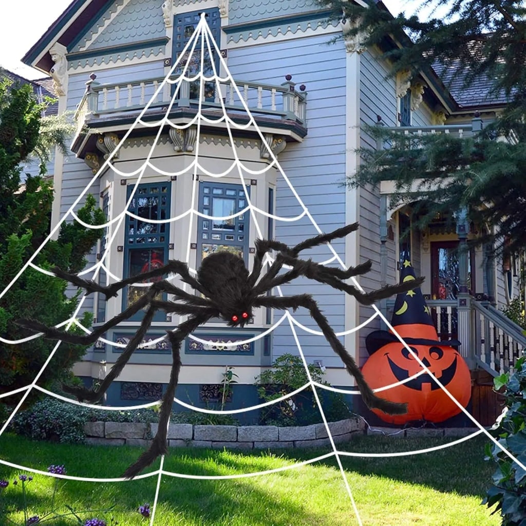 Halloween Giant Spider Web Decoration with Large Plush and Bendable Legs for Outdoor Yard Party