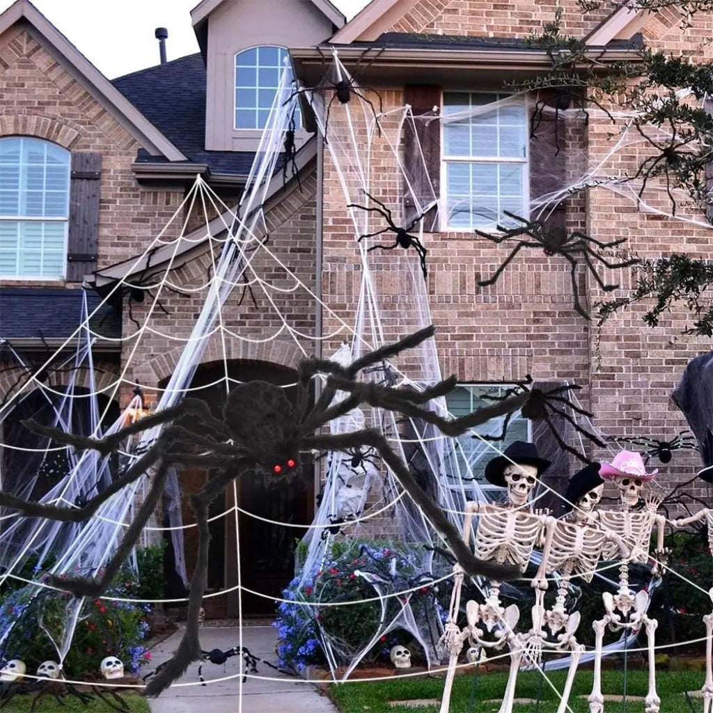 Halloween Giant Spider Web Decoration with Large Plush and Bendable Legs for Outdoor Yard Party