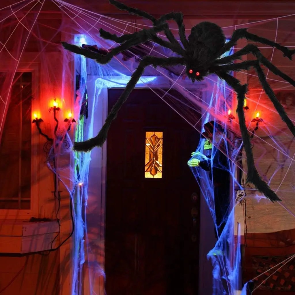 Halloween Giant Spider Web Decoration with Large Plush and Bendable Legs for Outdoor Yard Party