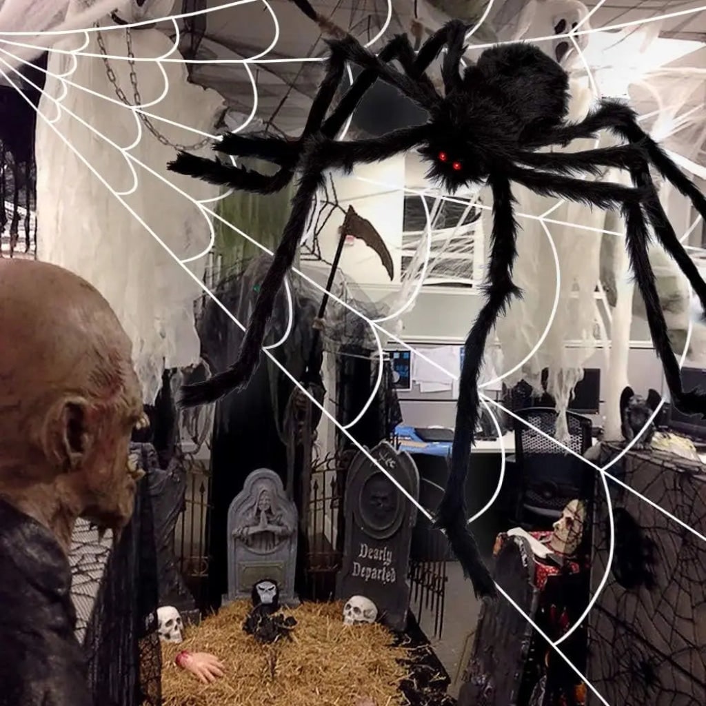 Halloween Giant Spider Web Decoration with Large Plush and Bendable Legs for Outdoor Yard Party