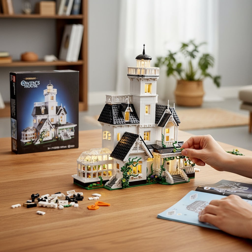 Halloween Haunted House Building Block Set Model Kit with LED Lights and Brick Assembly