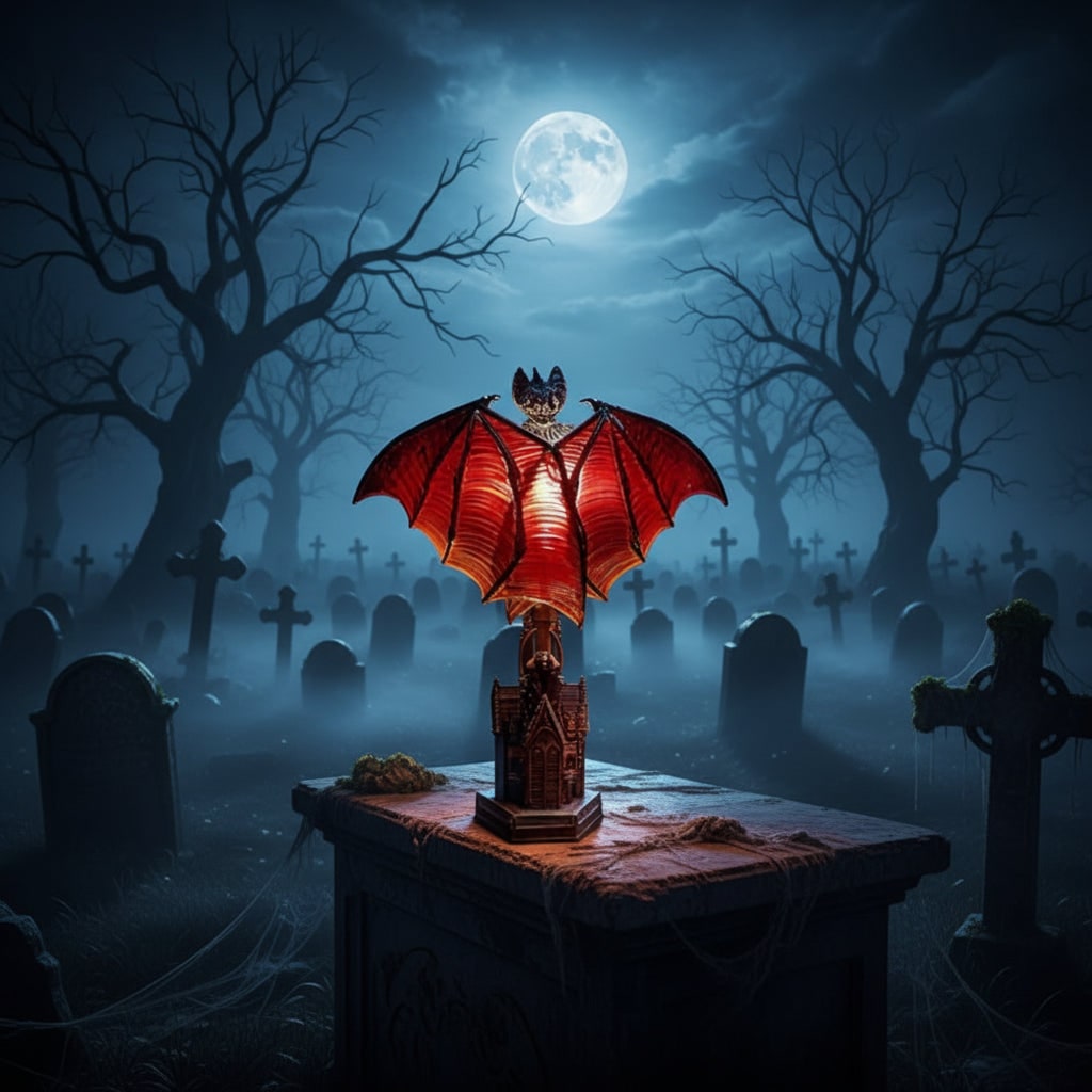 Halloween LED Light Bat Lamp with Gothic Style Translucent Wings and Cathedral Base Table Decoration
