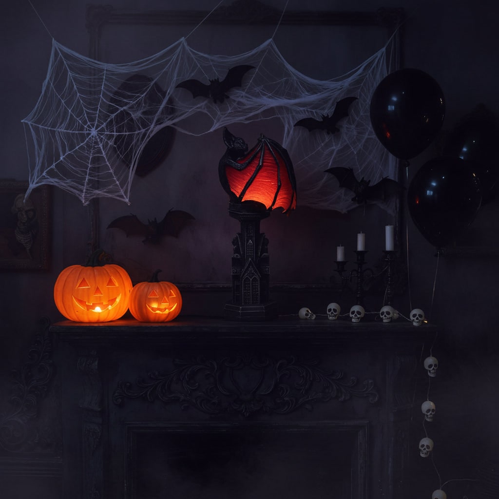 Halloween LED Light Bat Lamp with Gothic Style Translucent Wings and Cathedral Base Table Decoration