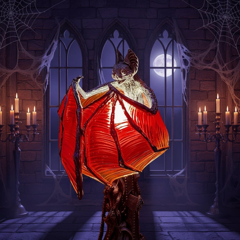 Halloween LED Light Bat Lamp with Gothic Style Translucent Wings and Cathedral Base Table Decoration