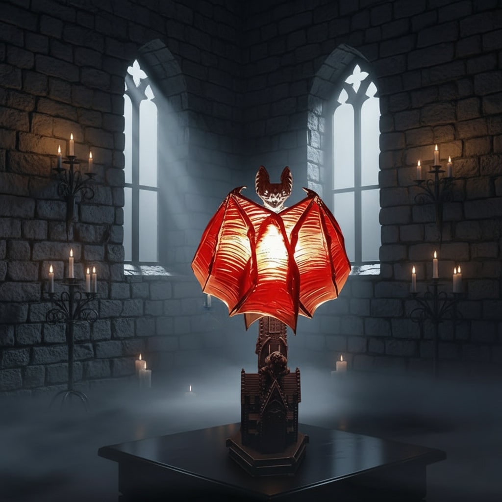 Halloween LED Light Bat Lamp with Gothic Style Translucent Wings and Cathedral Base Table Decoration