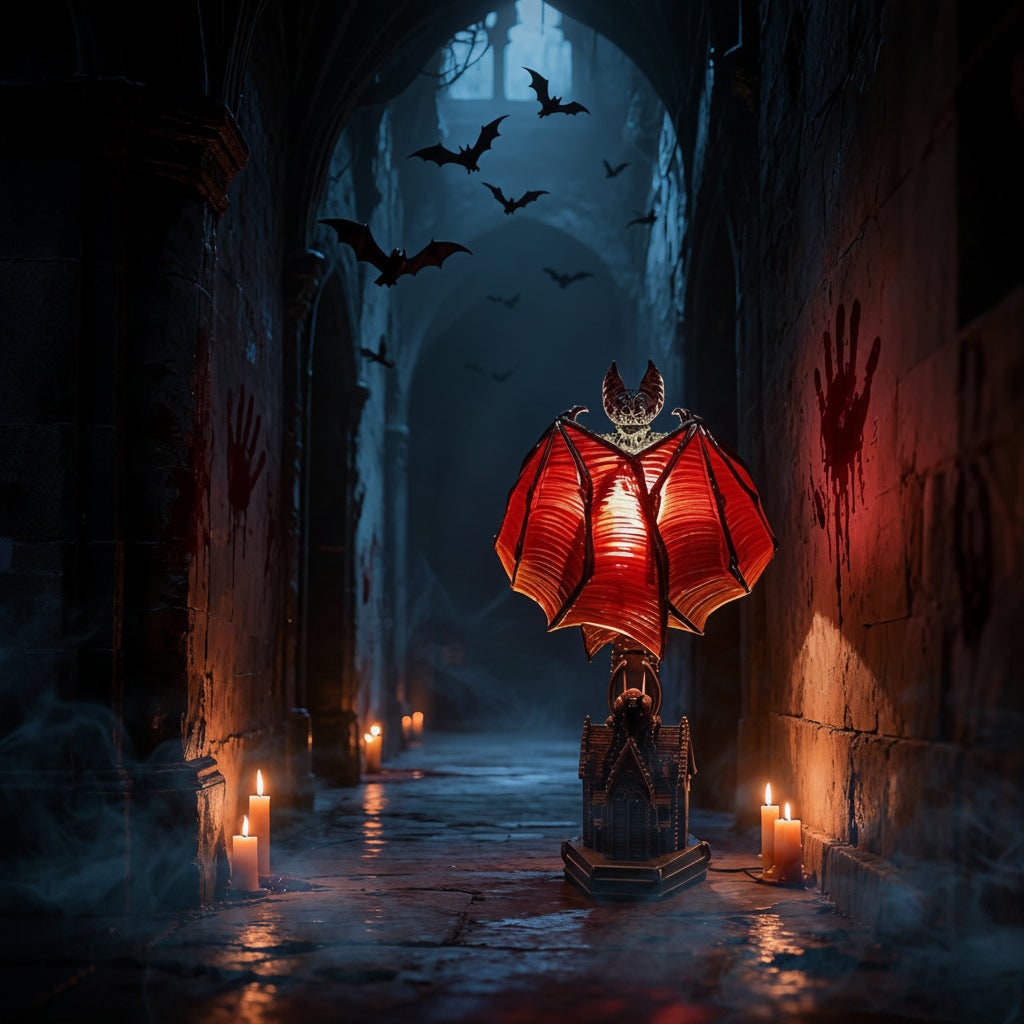 Halloween LED Light Bat Lamp with Gothic Style Translucent Wings and Cathedral Base Table Decoration