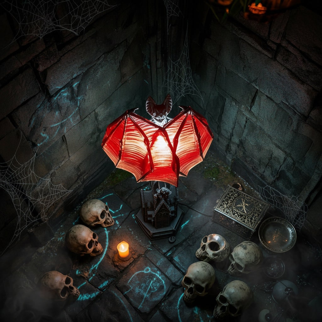 Halloween LED Light Bat Lamp with Gothic Style Translucent Wings and Cathedral Base Table Decoration